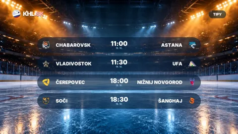 Chabarovsk – Astana 11:00, Vladivostok – Ufa 11:30, Čerepovec – Nižnij Novgorod 18:00, Soči – Šanghaj 18:30 (KHL)